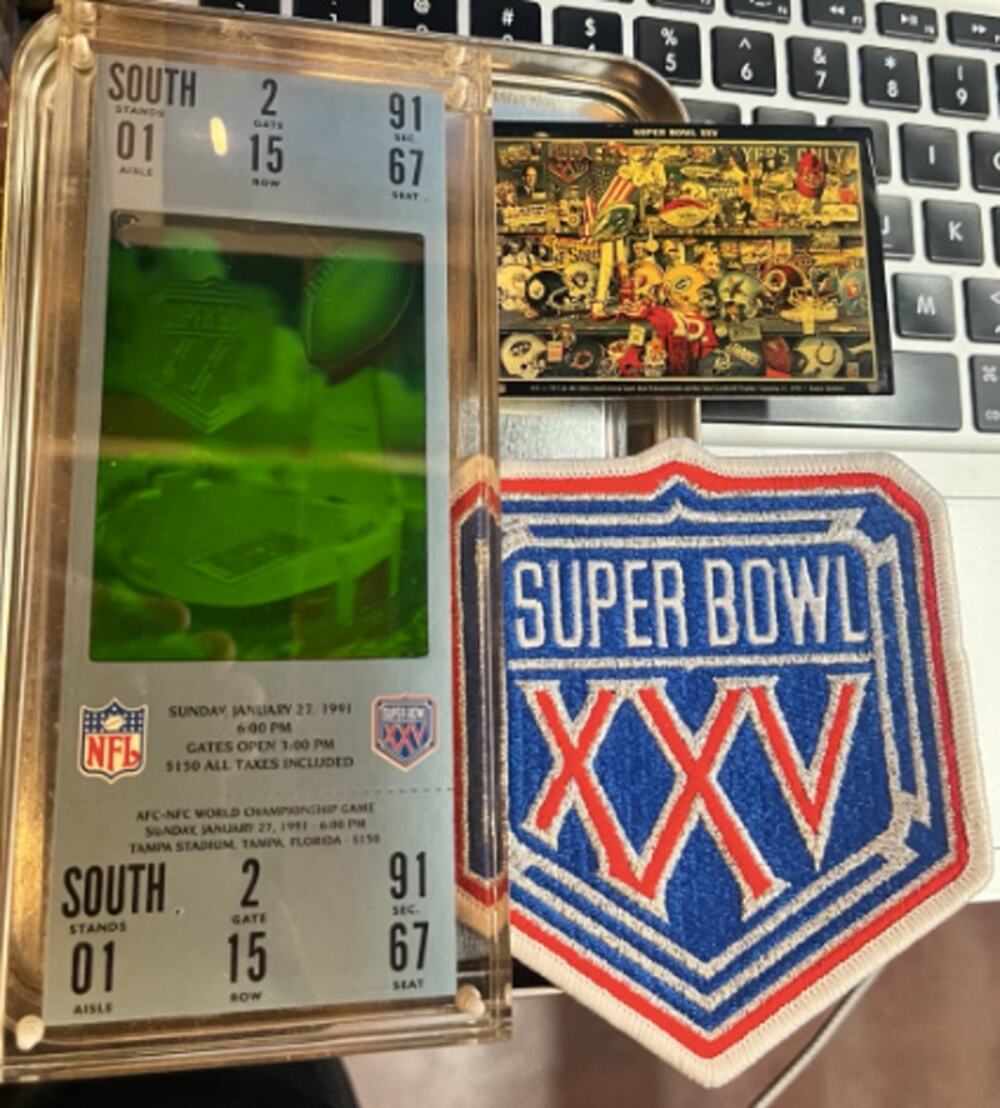 1991 Super Bowl XXV Silver Anniversary Hologram Ticket Tin Patch Pin
